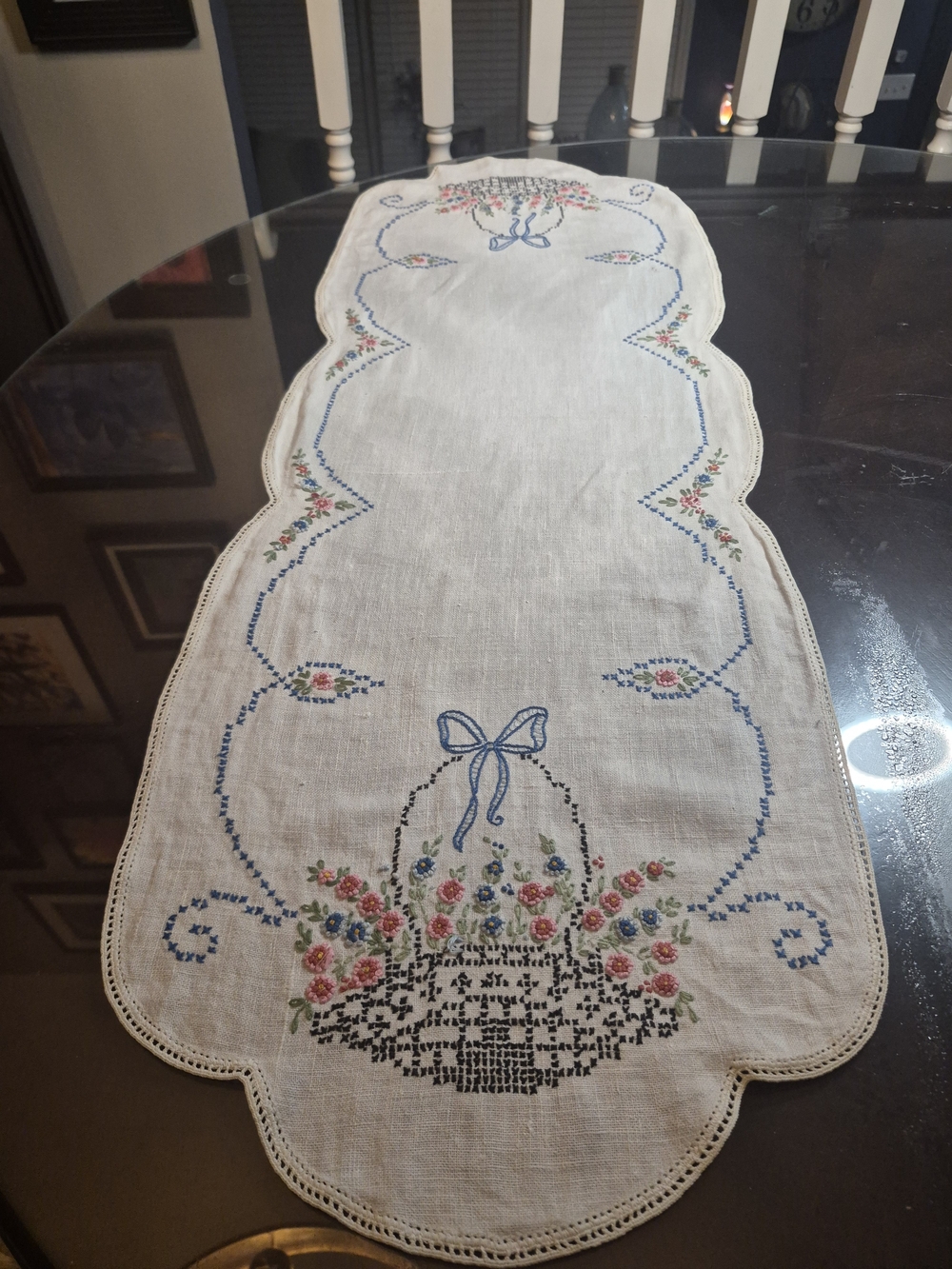 Vintage Floral Embroidered Table Runner - White with Blue and Pink Floral Design